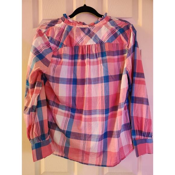 Talbots Cotton Popover Ruffle Blouse Pink Top Plaid Long Sleeve Size MP - Picture 3 of 7